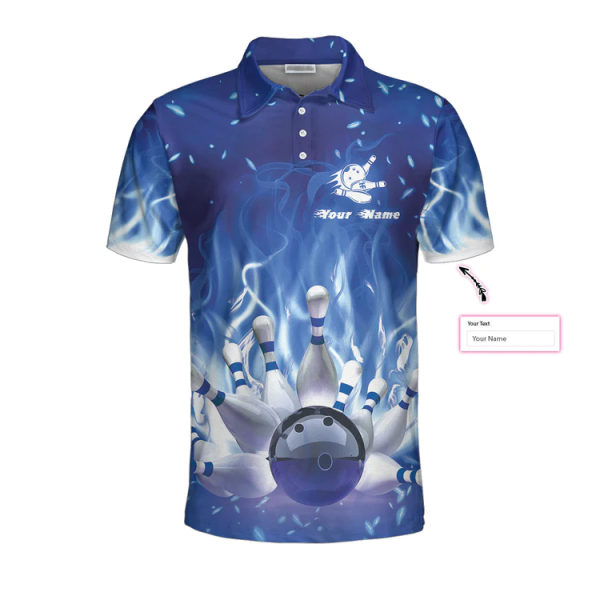 Bowling On Blue Fire Custom Polo Shirt, Blue Custom Bowling Shirt For Adults, Personalized Bowling Gift Coolspod