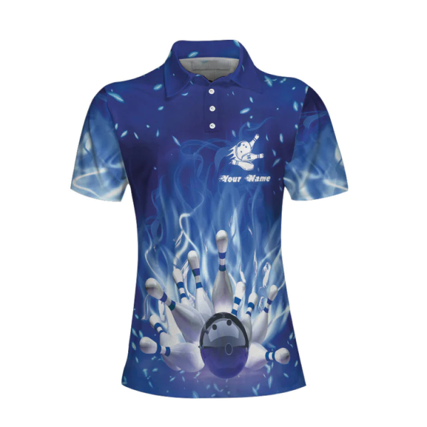 Bowling On Blue Fire Custom Short Sleeve Women Polo Shirt, Personalized Blue Flame Polo Shirt For Female Bowlers Coolspod